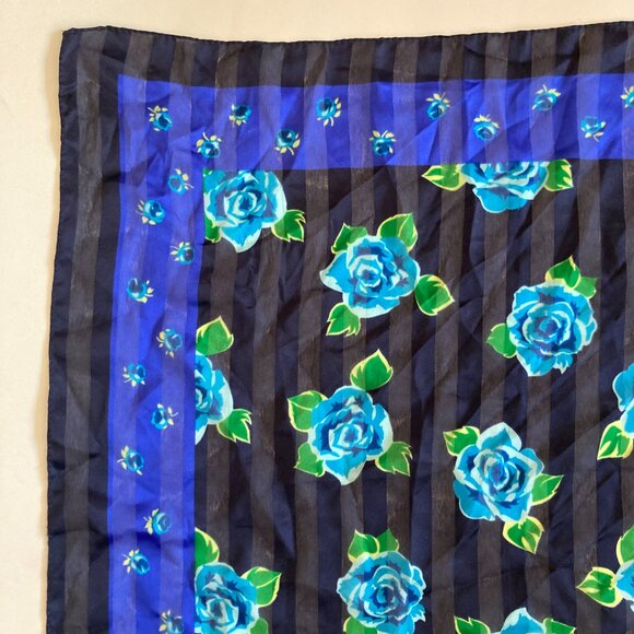 Vintage Blue Roses Rose Flower Scarf Floral 20 X 20" Made in Italy Chiffon Green - Picture 2 of 16